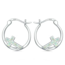 Coachuhhar Opal Cross Hoop Earrings for Women 925 Sterling Silver Hypoallergenic Huggie Earrings Cartilage Earrings Opal Jewelry for Mother's Day