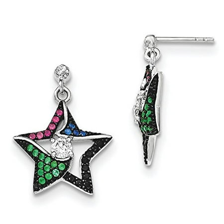 Multi Stone Dangle - .925 Sterling Silver 23 MM Multi-color Stones & CZ Star Dangle Post Stud Earrings