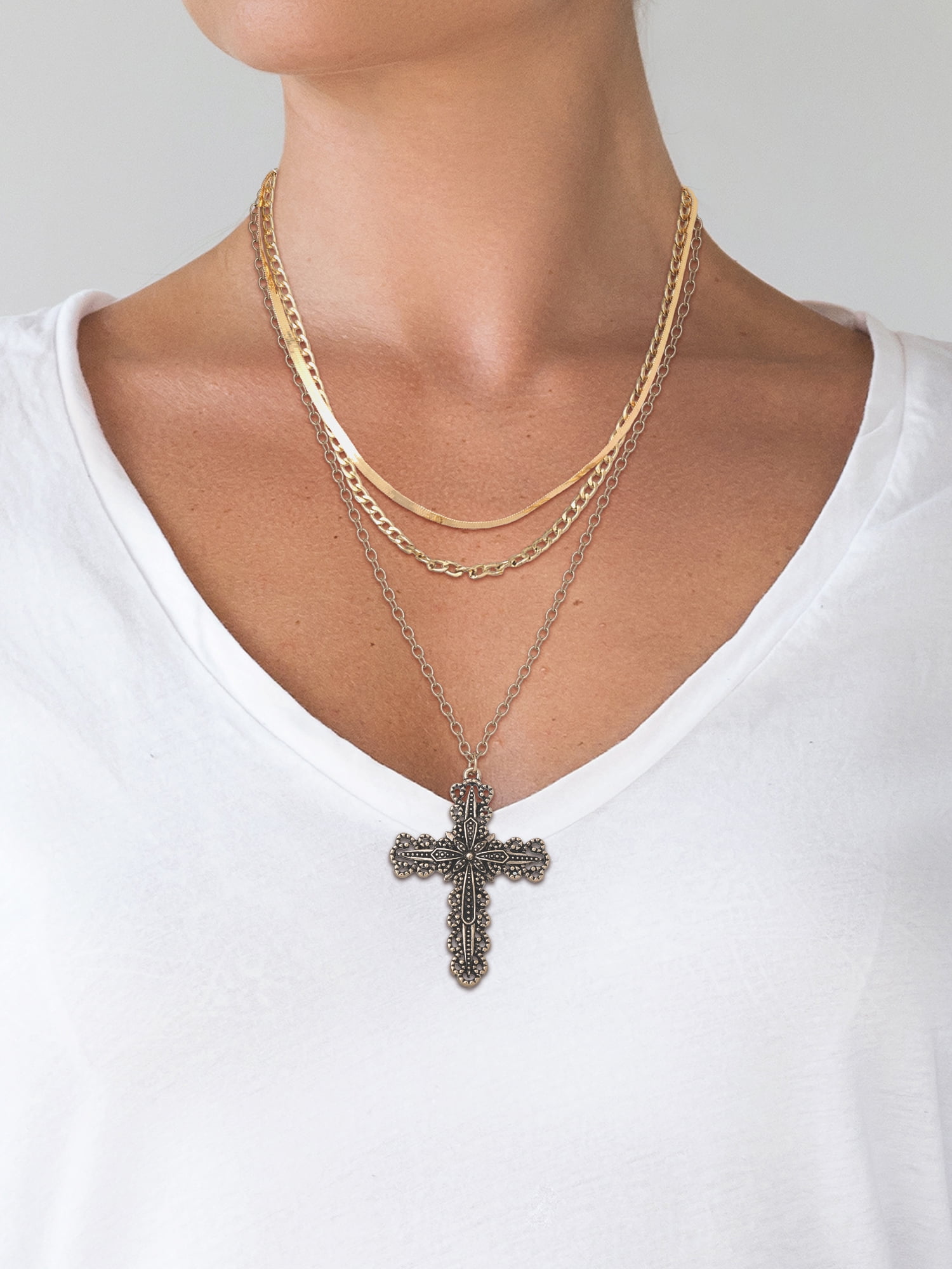 Jessica Simpson Women's Gold-Tone Layered Cross Necklace with Snake Chain and Link Chain