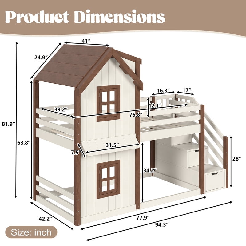 Twin-Over-Twin Kids House Bed Frame with Storage Stairs & Bottom Floor Bed, Playhouse Bunk Bed with Roof & Window