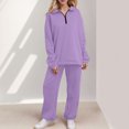 thumbnail image 2 of Valora Women Fashion Outfit Women's Trousers Suit 1 | Womens Fashion 2 Piece Outfits Long Sleeve Sweatsuits Sets Half Zip Sweatshirts With Joggers Sweatpants Purple M, 2 of 7