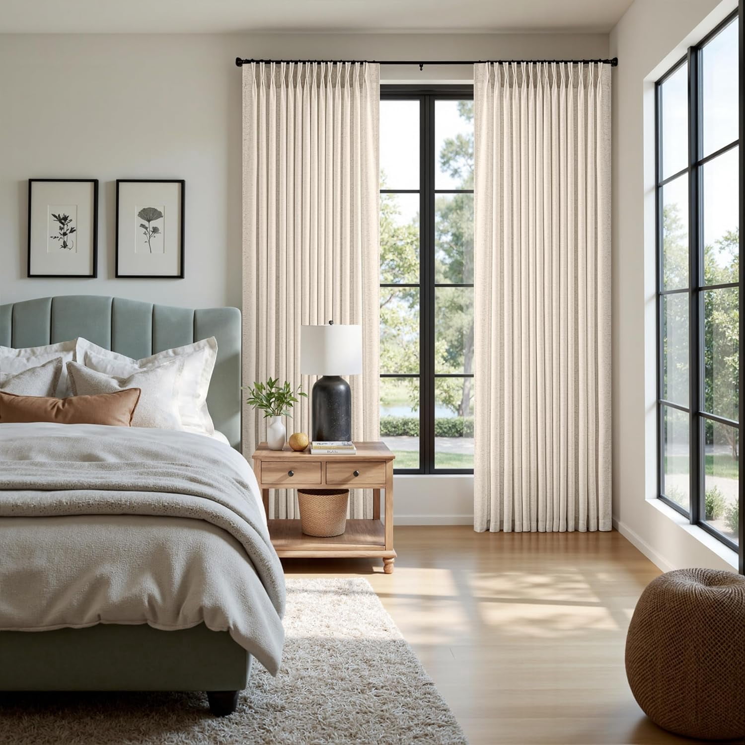 Birch Pinch Pleat Linen Curtains Extra Long Curtains 108 Inch Length, Memory Trained Pinch Pleated Curtain with Hooks Living Room Bedroom Sliding Patio Door, Linen Textured Pleated Curtain Drapes