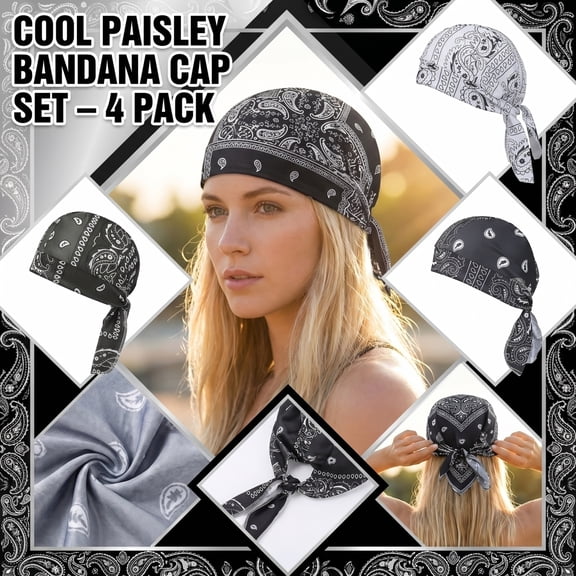 4-Pack Paisley Bandana Caps, Adjustable Tie-Back Headwraps for Motorcycle Biking and Outdoor Sports, Moisture-Wicking Skull Caps for Men and Women,21.7-22.8IN