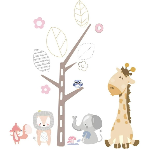 2 Sheets/Set PVC Wall Sticker Forest Theme Giraffe Elephant Lion Fox Pattern Cartoon Wall Decals Vinyl Wall Decal for Play Bedroom Kindergarten Classroom Decoration 35"x11" DIY