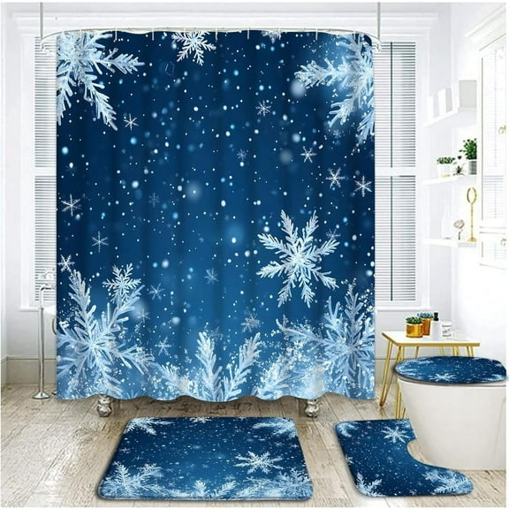 4 Piece Blue Christmas Shower Curtain Set with Rugs, Toilet Lid Cover,Romantic Winter Snowflake White Snow Bokeh Sequin Sparkle Merry Xmas Happy New Year Bathroom Shower Curtain with Hooks
