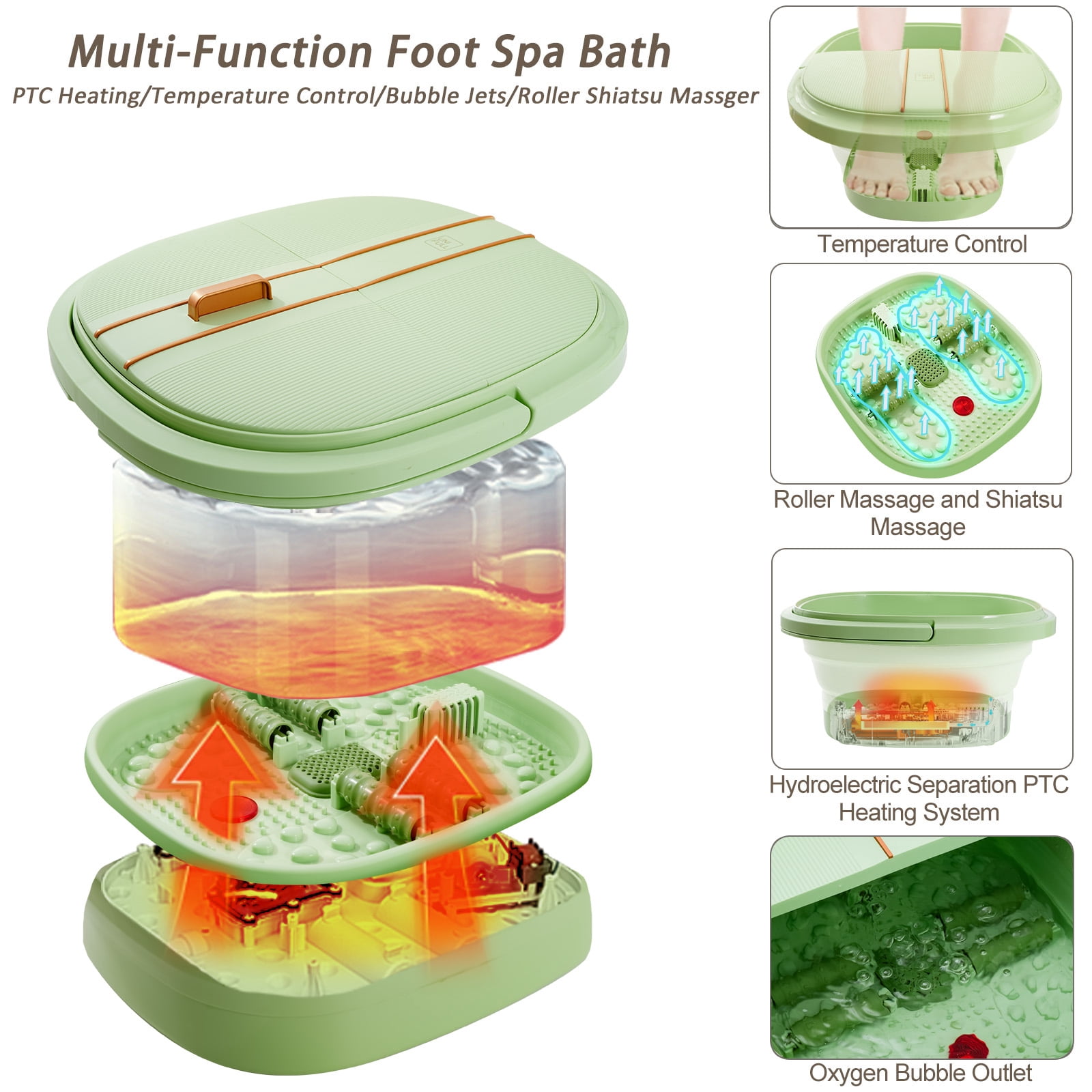 UNIFULL Foot Spa Bath with Heat and Temperature Control, Massager Roller, Bubble, Remote Control, Pedicure Kit, Red Light, Large Heating Foot Bath-Green