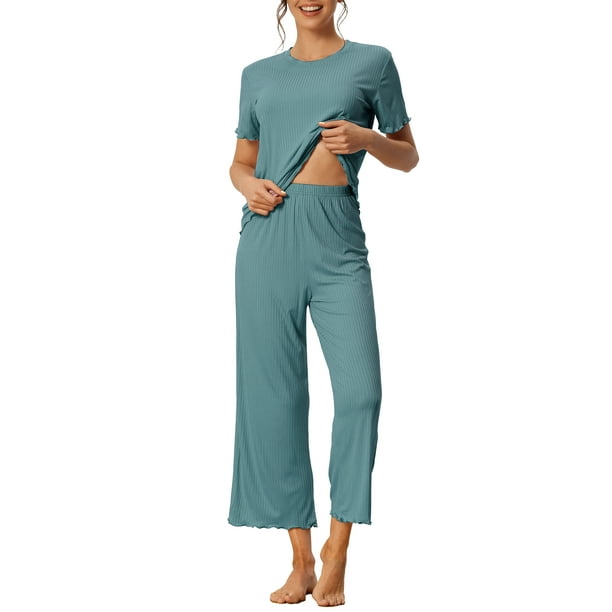 Conjuntos de pijama para mujeres INSPIRE CHIC, cuello redondo, manga corta, de ribete sólido, ropa de dormir casual, pijamas para damas, azul lago