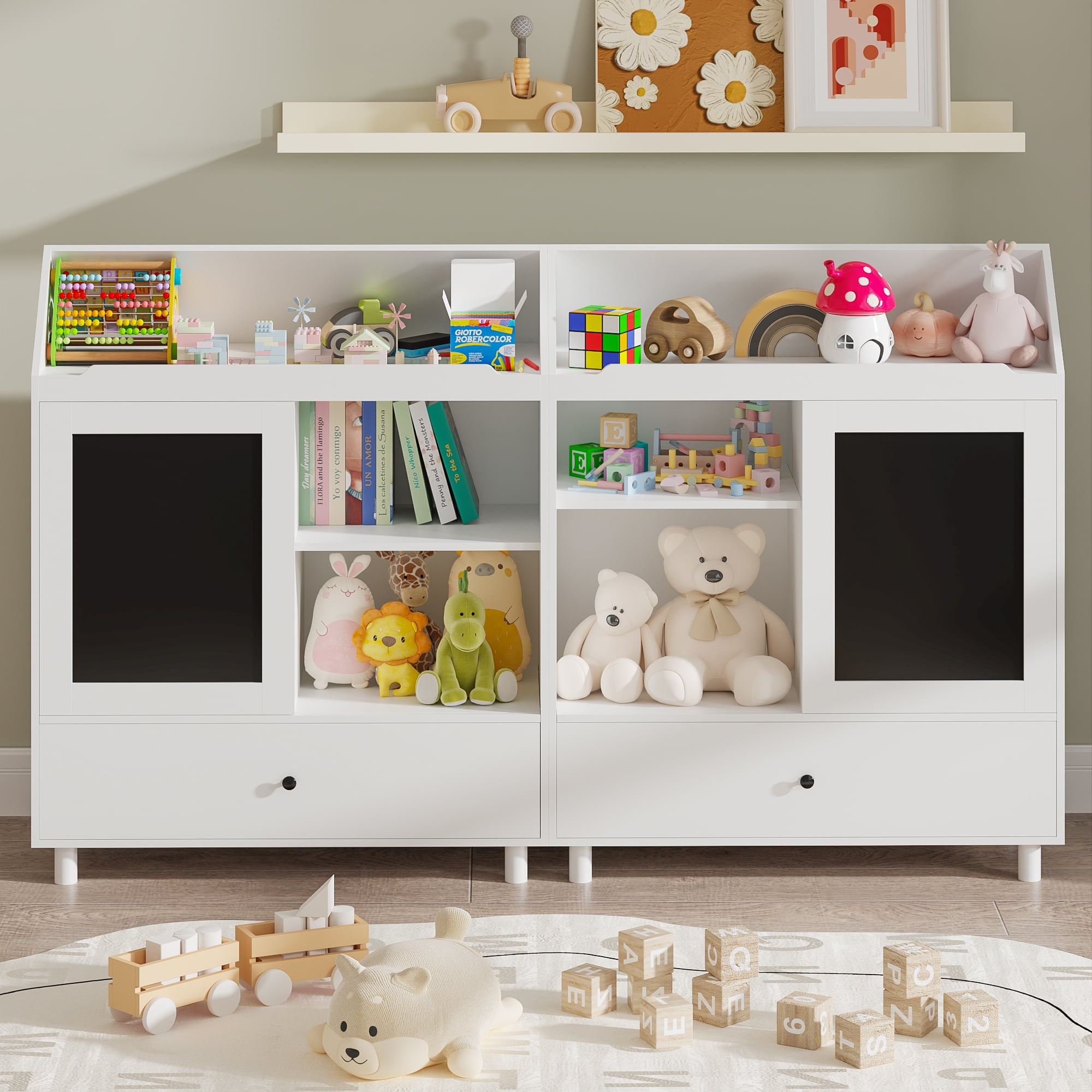 Yoneston Kids Bookcase with Magnetic Blackboard & Storage Drawer, Toddler Toy Organizer Cabinet with Reading Top Area for Playroom Classroom Nursery, White