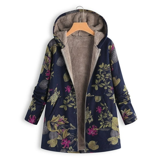 Lolmot Womens Winter Warm Outwear Floral Print Hooded Pockets Vintage Oversize Coats