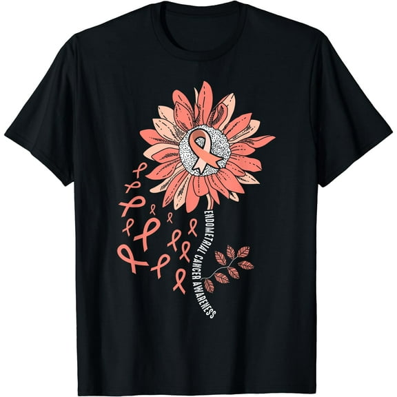 Endometrial Cancer Awareness Sunflower Peach Ribbon Month T-Shirt Black 3X-Large