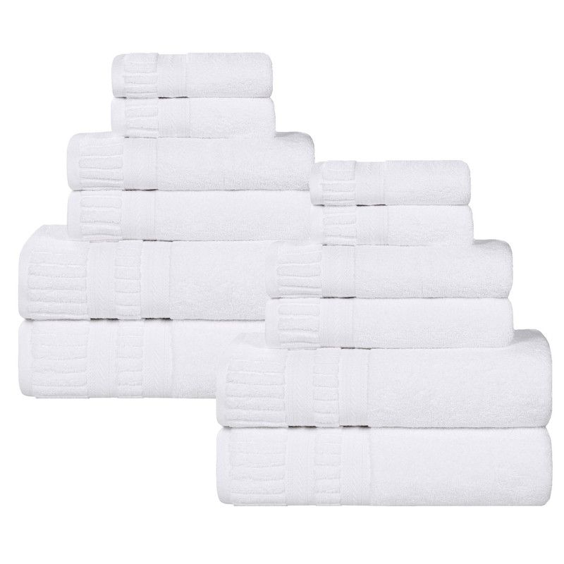Superior Venice Ribbed Textured Border Zero Twist 12 Piece Towel Set, White
