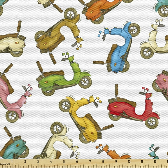 Motorcycle Fabric by the Yard, Famous Moped Bikes in Cartoon Style and Different Colors Retro Italian Scooters, Upholstery Fabric for Dining Chairs Home Decor Accents, 5 Yards, Multicolor by Ambesonne