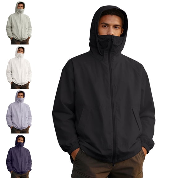 Zivyakyron Long Sleeve Windbreaker Jackets for Men Lightweight Zip up Rain Quick Dry Slim Hooded Jackets Solid UV White S