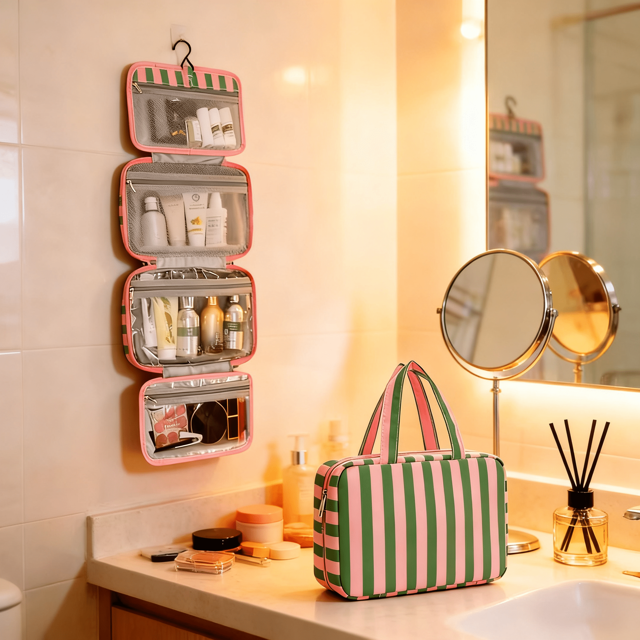 Blue Pink Foldable Hook Toiletry Storage Bag, Waterproof Multi Compartment Handheld Skincare And Makeup Bag