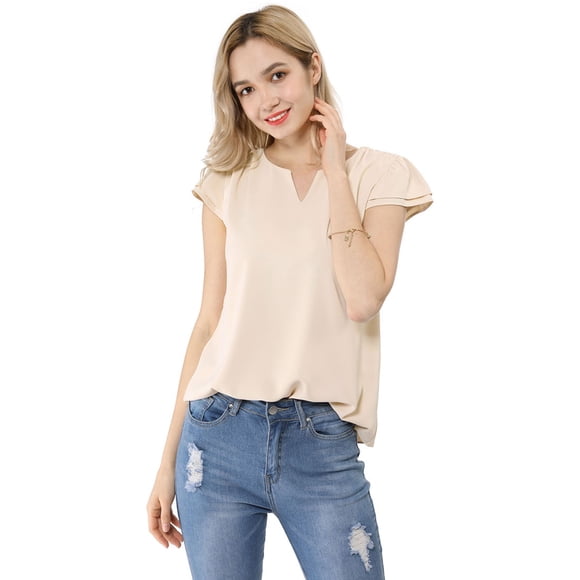 Camiseta Allegra K Manga Tulipán Cuello En V Básico para Mujer Beige XL
