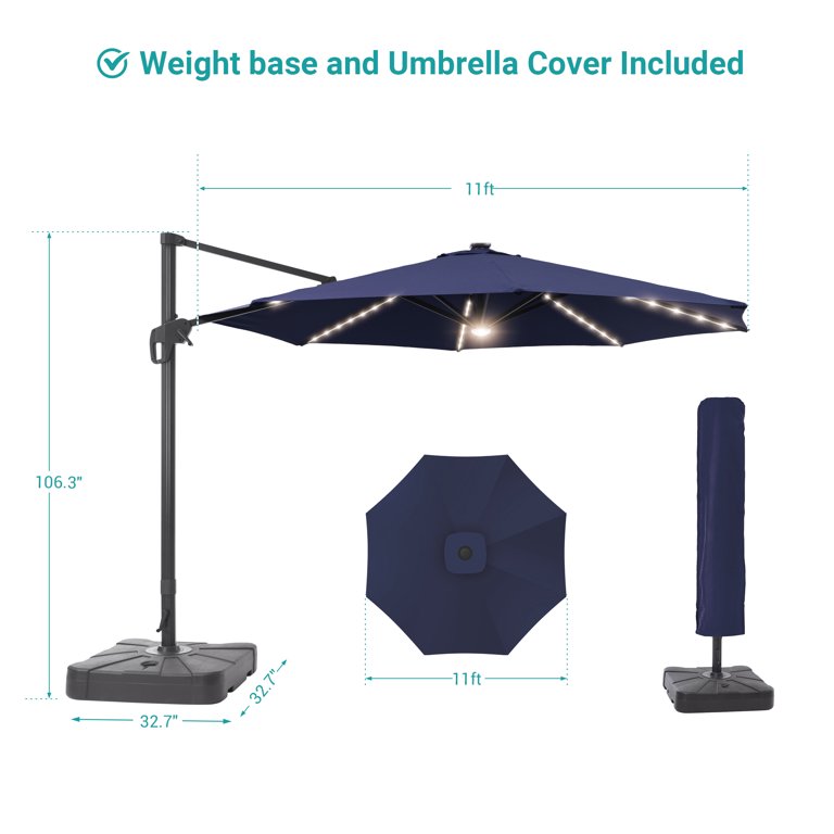 FLAME&SHADE 11ft LED Outdoor Offset Patio Umbrella,Solar Power Round Canopy  Umbrella with Aluminum Frame and Base/Stand for Garden,Poolside and Market,Navy  Blue - Walmart.com