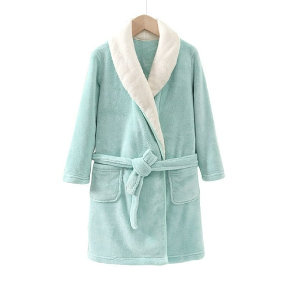 Kkkded Teen Youth Boys Girls Night-Robe Flannel Warm Sleepwear Solid Color Long Bathrobe Juniors Long Sleeve Robe with Autumn Winter for 5-15 Years