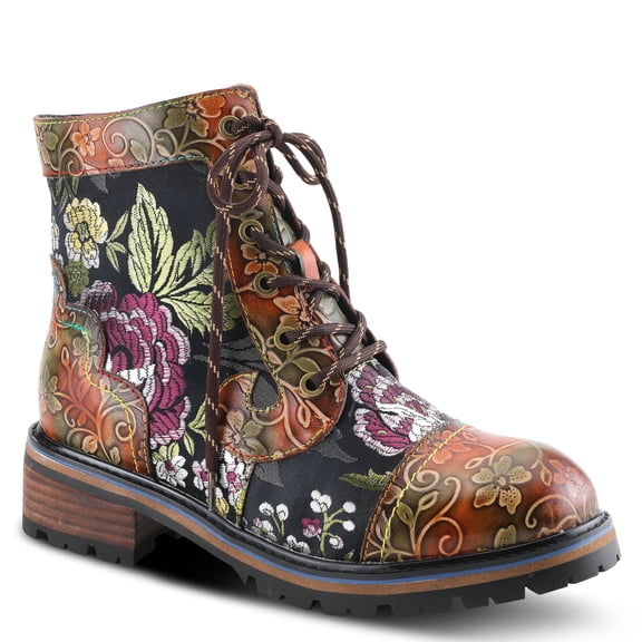 Spring Step L'Artiste Fantastic Booties for Women - Floral Hand Painted Womens Ankle Boots Low Heel - Everyday Wear Leather and Textile Western Booties
