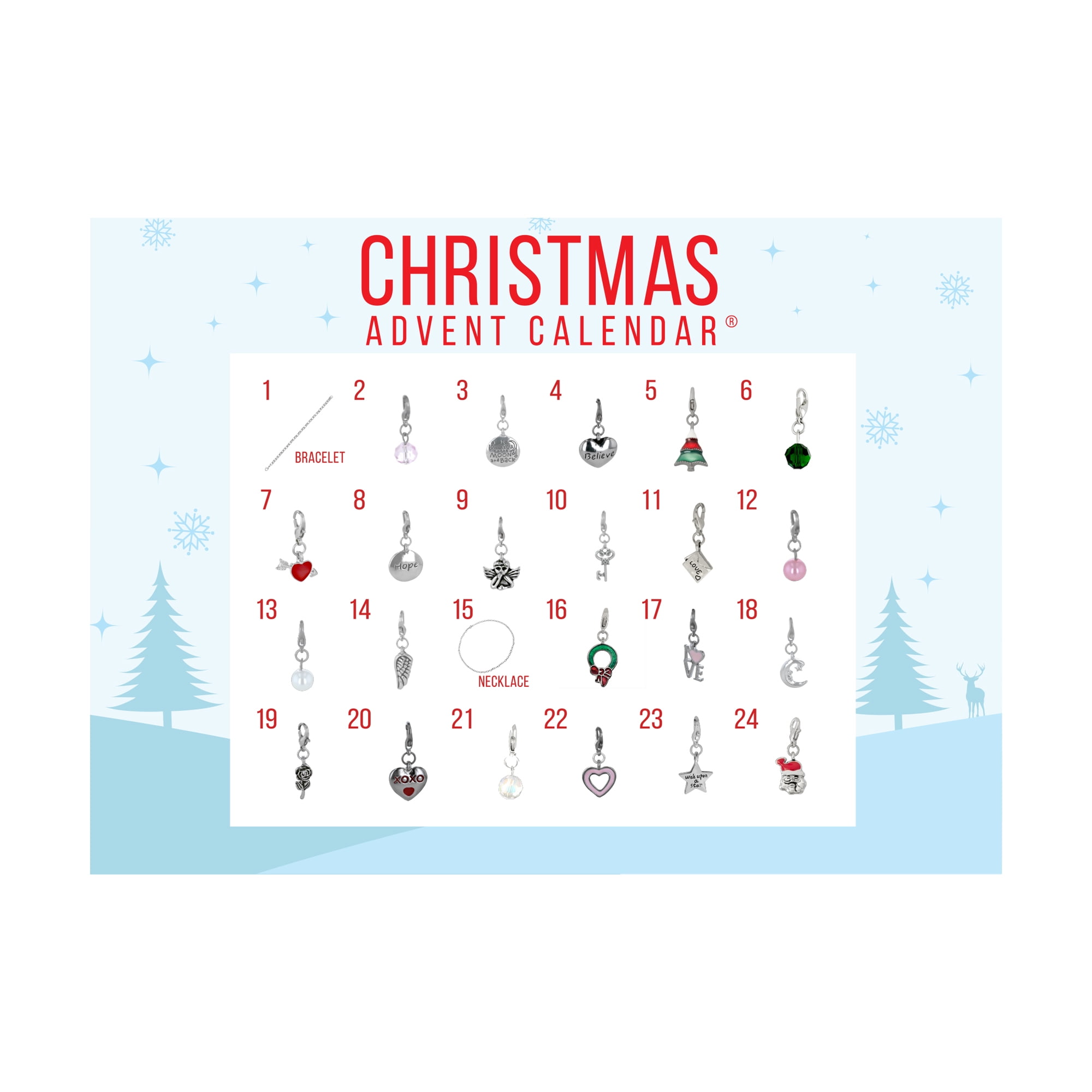 X & O Christmas Advent Calendar Jewelry Set with 22 Charms, 1 Bracelet & 1 Necklace
