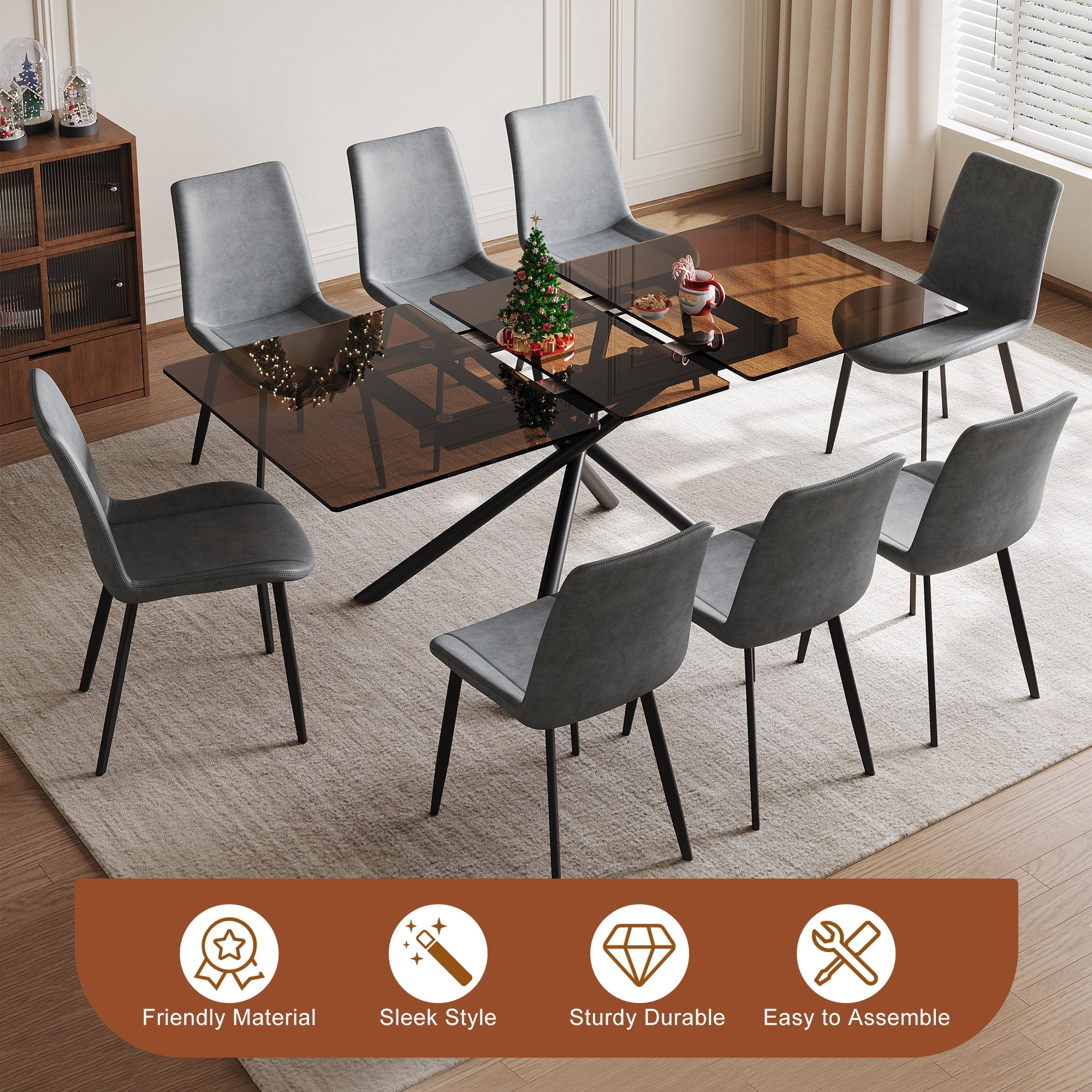 Montary 59-inch Expandable Dining Table Set with 8 Gray Ergonomic Chairs, Black Sandblasted Glass Top & X-Base, 4-8 Seater Modern Dining Set for Small Spaces, Kitchen and Apartment