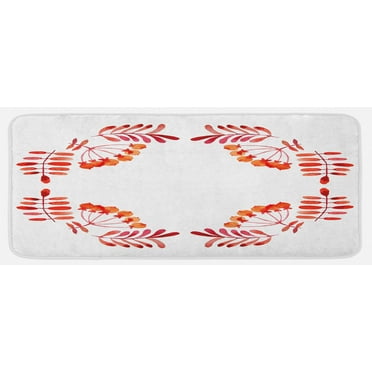 Rowan Kitchen Mat, Watercolor Style Leaves with Fruits Square Frame Design Autumn Colors, Plush Decorative Kitchen Mat with Non Slip Backing, 47" X 19", Red Orange White, by Ambesonne