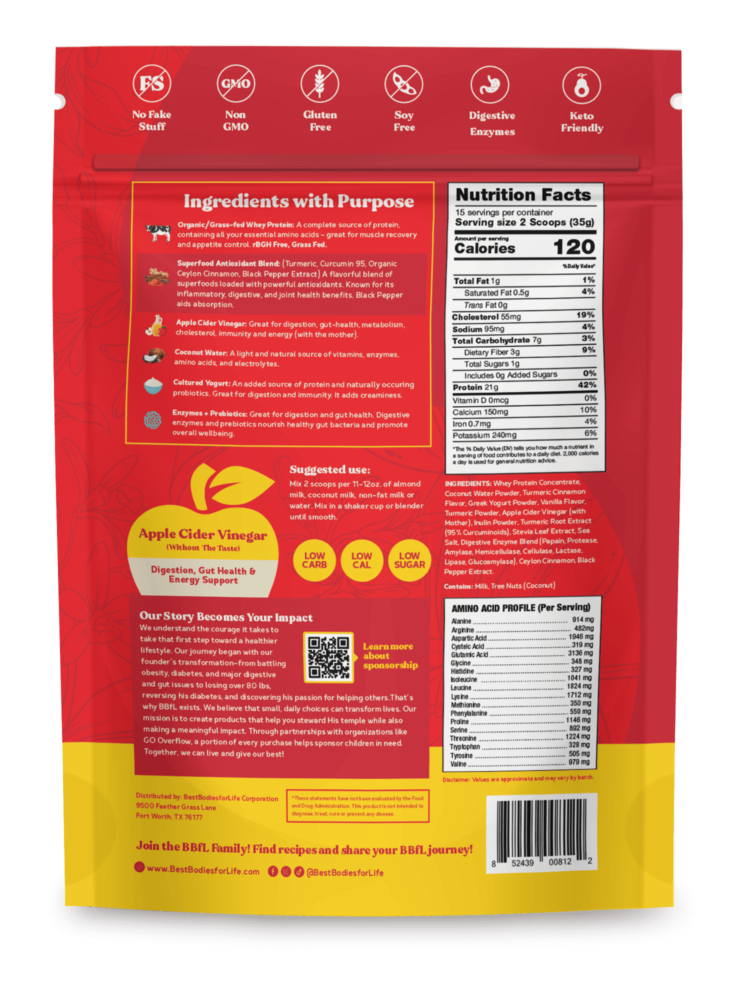 BBfL Protein Functional Powder, 21g Protein, Grass-fed Whey Protein, Apple Cider Vinegar, 50mg Digestive Enzymes, Prebiotics, 750mg of Turmeric/Curcumin 95% Extract (15 Servings, Turmeric)