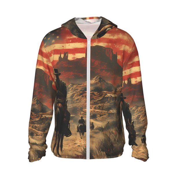 Balery 1860s Style American Cowboy Sudadera ligera de manga larga con capucha y protección solar UPF 50+ para hombre y mujer, ideal para pesca y running-XX-Large