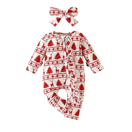 

Eyicmarn Baby Girls Christmas Outfit Long Sleeve Crew Neck Tree Elk Print Jumpsuit and Headband Fall Clothes