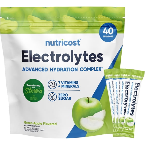 Nutricost Electrolytes Complex, Green Apple Flavored, 40 Stickpacks - Advanced Hydration Complex