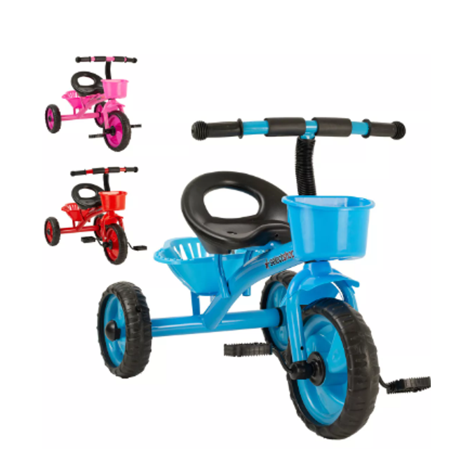 triciclo bicicleta wünd para niños infantil cesta cajuela juguete color azul Triciclo infantil azul con marco de acero reforzado esmaltado, asiento ergonómico en polietileno (altura del asiento 33 cm), cesto frontal y cajuela trasera en polietileno, manubrio recto con empuñaduras de goma texturizada y ruedas sólidas de policarbonato; suele usarse también para juegos de equilibrio supervisados.