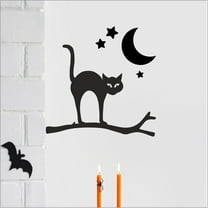 Halloween Cat on branch with moon and stars Vinyl Lettering Wall Decal (12.5"H x 12.5"L Left Black)