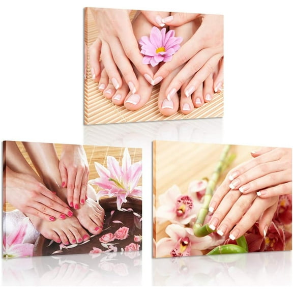 Hieng Canvas Wall Art Manicure Painting Hands Foot Bath Massage Spa Still Life with Flowers Pictures Nails Beauty Salon Posters Printed Giclee Print Gallery Wrap for Walls(only canvas)