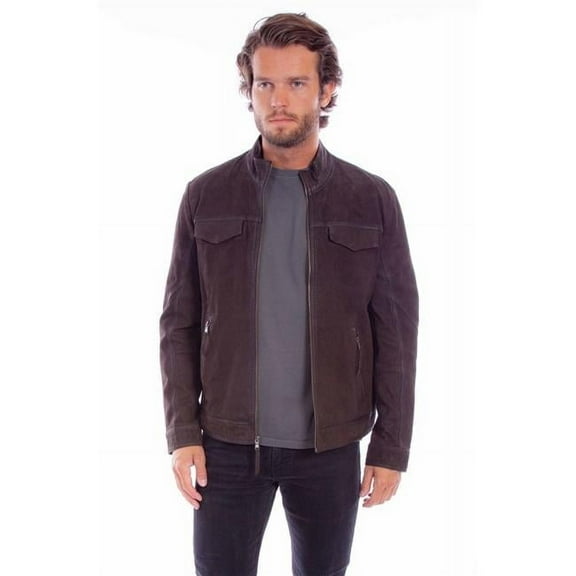F0-2056-306-L Men Front Zip Western Leather Jacket with Pockets, Brown - Large