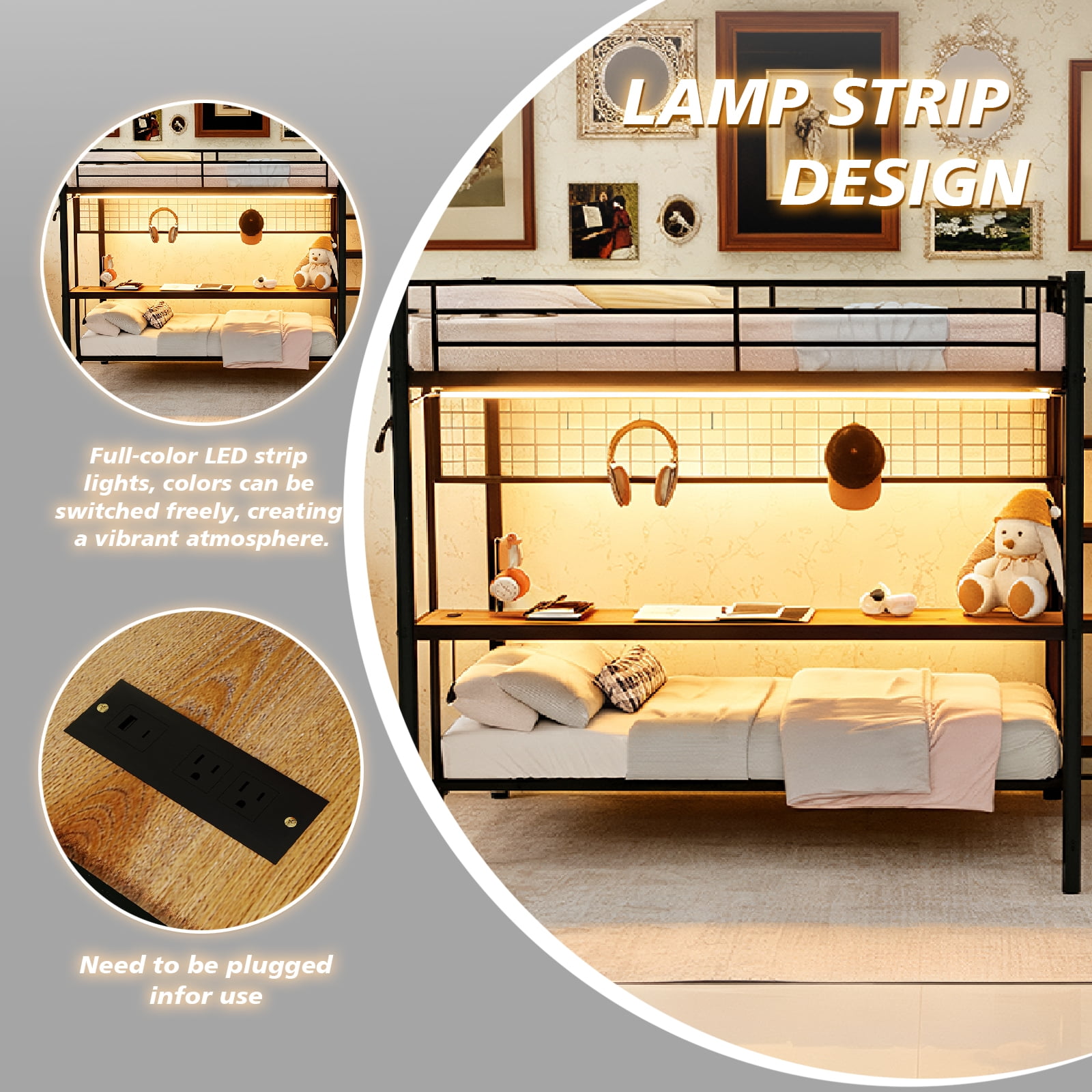 Leumius Twin over Full Size Metal Bunk Bed with Built-In Desk & LED Lighting,Heavy Duty Metal Bunk Beds Frame with Ladder for Bedrooms,Dorms,Black