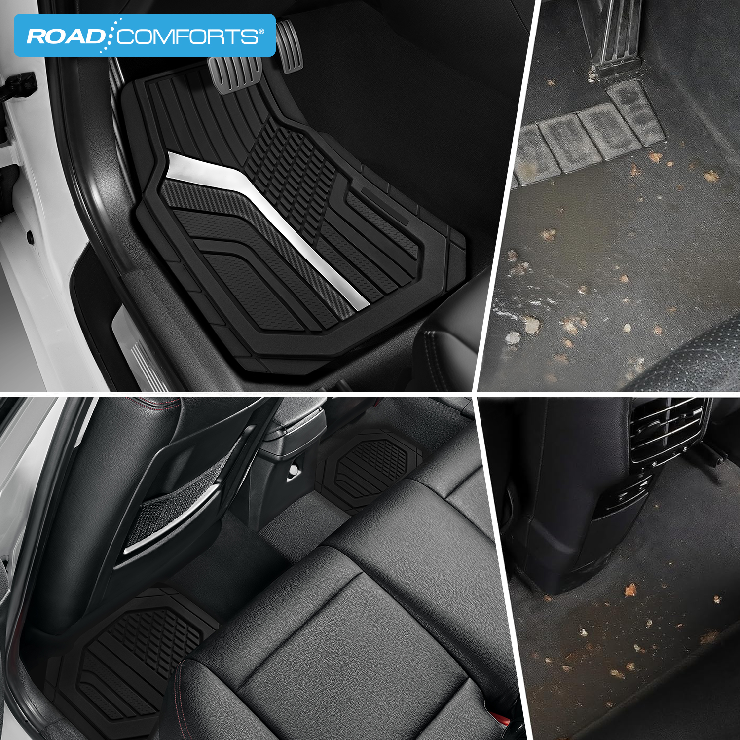 Road Comforts Car Floor Mats,Heavy-Duty Rubber Car Floor Mats,Sports Style Car Floor Mats,Non-Slip,Front,Universal Fit,Black&Sliver