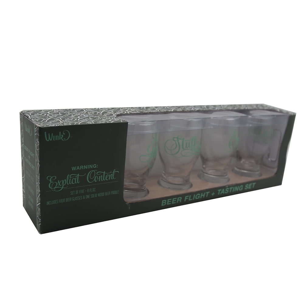 Beer Flight Tasting Set of 5 pc Explicit 4 Beer Glasses 8 fl oz 1 Solid Wood Beer Paddle by n/a