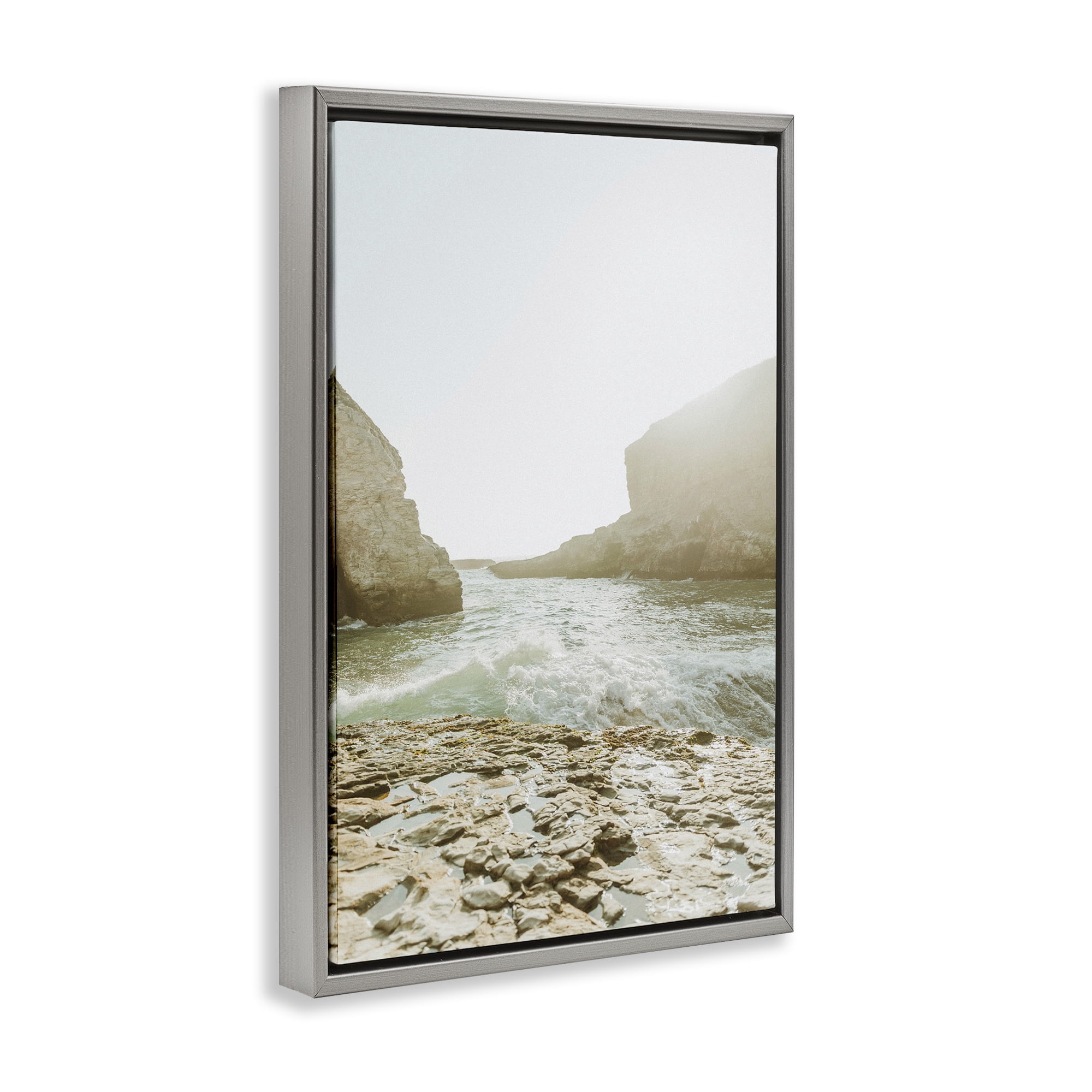 Stupell Industries Rocky Beach Cove Landscape Photography Gray Floater Framed Canvas Art Print Wall Art, 21 x 31