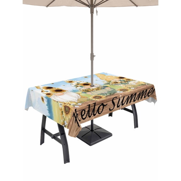Outdoor Tablecloth with Umbrella Hole for Patio/Picnic/Party/Camping, Gnomes Sunflower Waterproof Table Cloth Rectangle Table Cover Washable, Elegant Pastoral Summer Botanical Wooden (60"x 120")