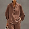 thumbnail image 5 of pstuiky Two Piece Sets for Women Summer Solid Color Cotton Linen Sets Batwing Sleeve V Neck Button Shirts and Wide Leg Pants Set Matching Lounge Set Casual Outfit Coffee,XL, 5 of 9