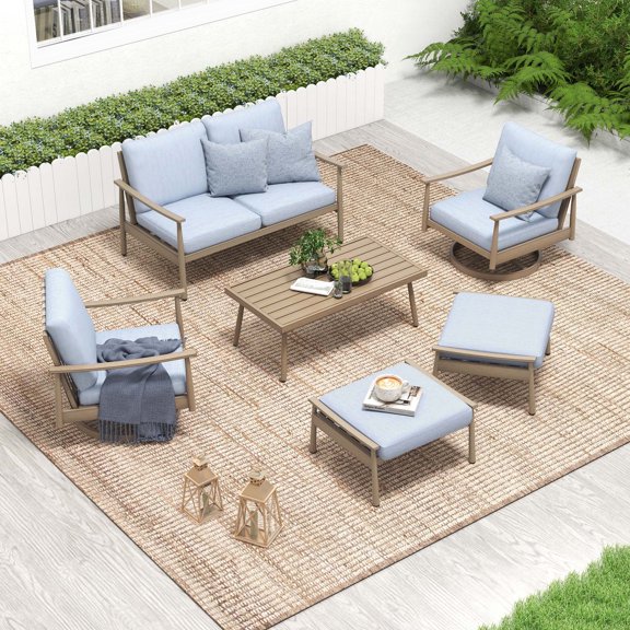 HAPPATIO Patio Outdoor Furniture Set - 6 Pieces Aluminum Outdoor Conversation Set with 1 Cushioned Loveseat, 1 Coffee Table, 2 Swivel Chairs and 2 Ottomans for Yard, Porch, and Deck (Brown)