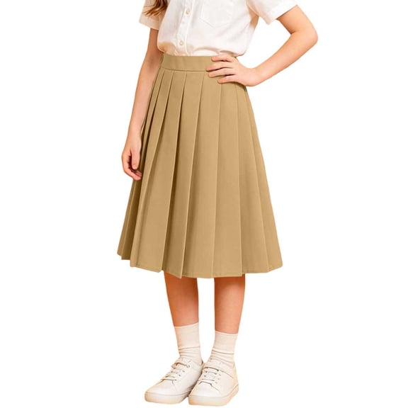 Cotton Pleated Midi Skirt For Girls High Waisted Stretchy A-Line Skirt Casual Summer School Uniform Flowy Skirts