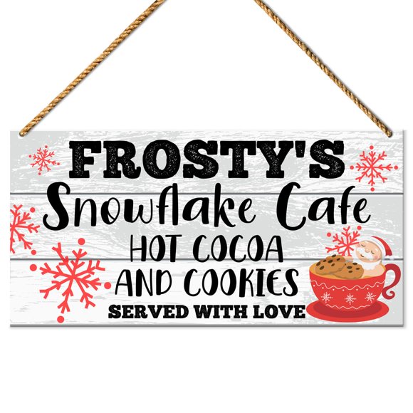Christmas Wall Decor for Home Coffee Hot Cocoa Bar Kitchen Holiday Decorations Farmhouse Xmas Hanging Sign Decor, Frosty's Snowflake Cafe Winter Wood Sign Decor