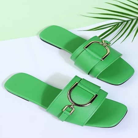 

Women‘s Square Toe Slippers Metal Buckled Decor Open Toe Solid Color Slides Women‘s Indoor & Outdoor Flat Shoes
