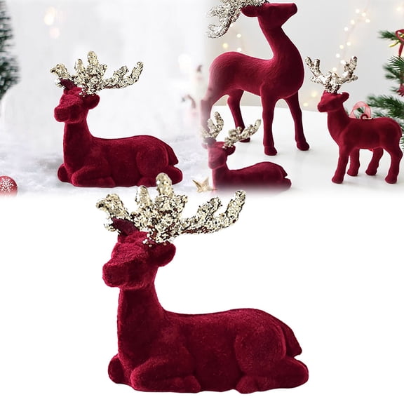 Clearance Under $1.49! Wine Red Flocking Deer Christmas Decoration Plush Reindeer Statue for Tree Table Mantel Holiday Display