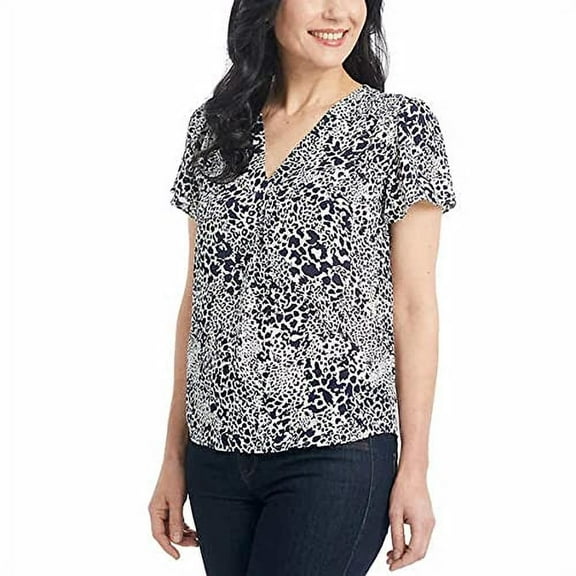 Hilary Radley Women's Short Sleeve Printed Blouse (Off-White/Navy, Small)