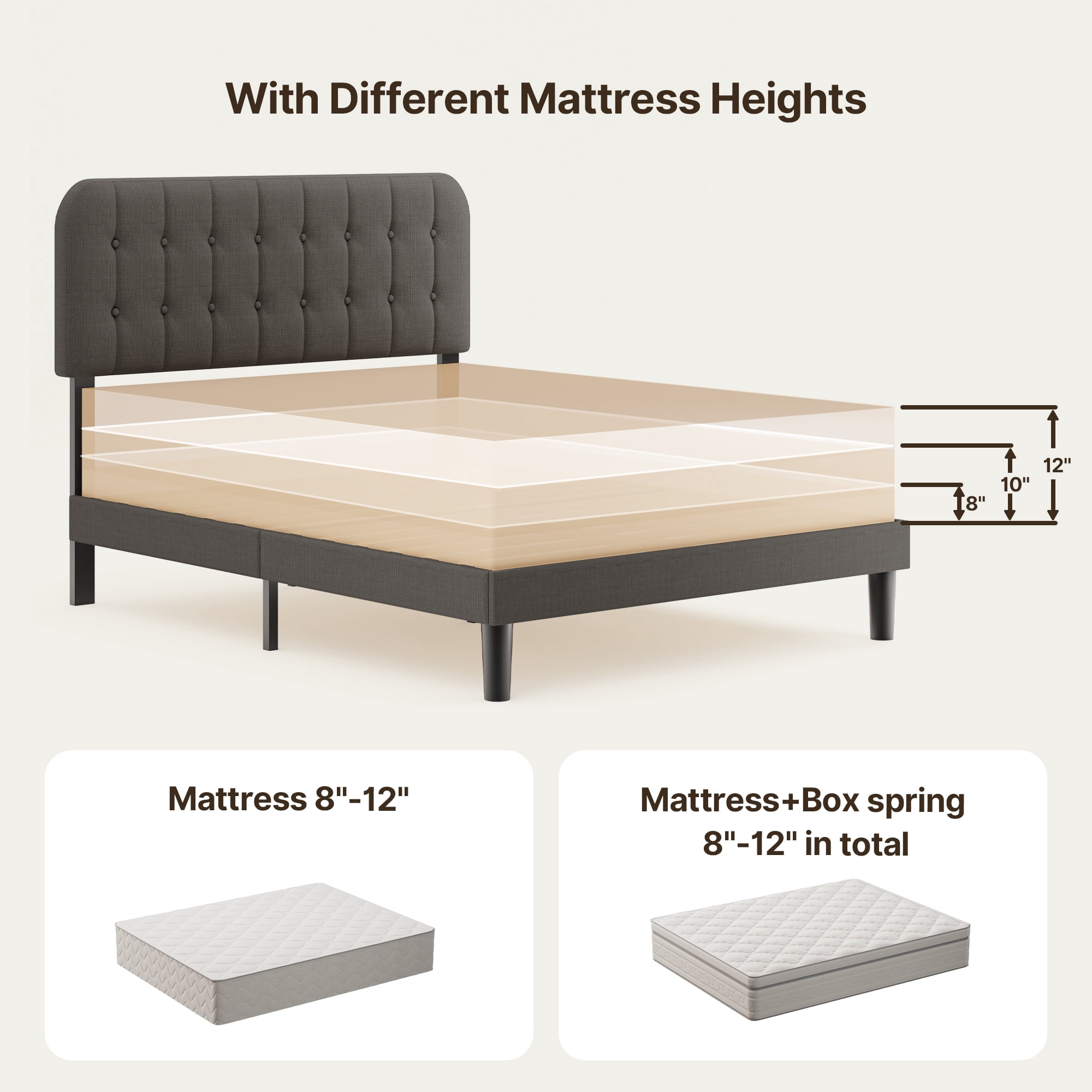 Queen Upholstered Platform Bed Frame with Headboard and 4 Wood Dressers (2,5,6 Drawer) - Modern Bedroom Furniture Set with Sturdy Slats, Noise Free - Gray & Black