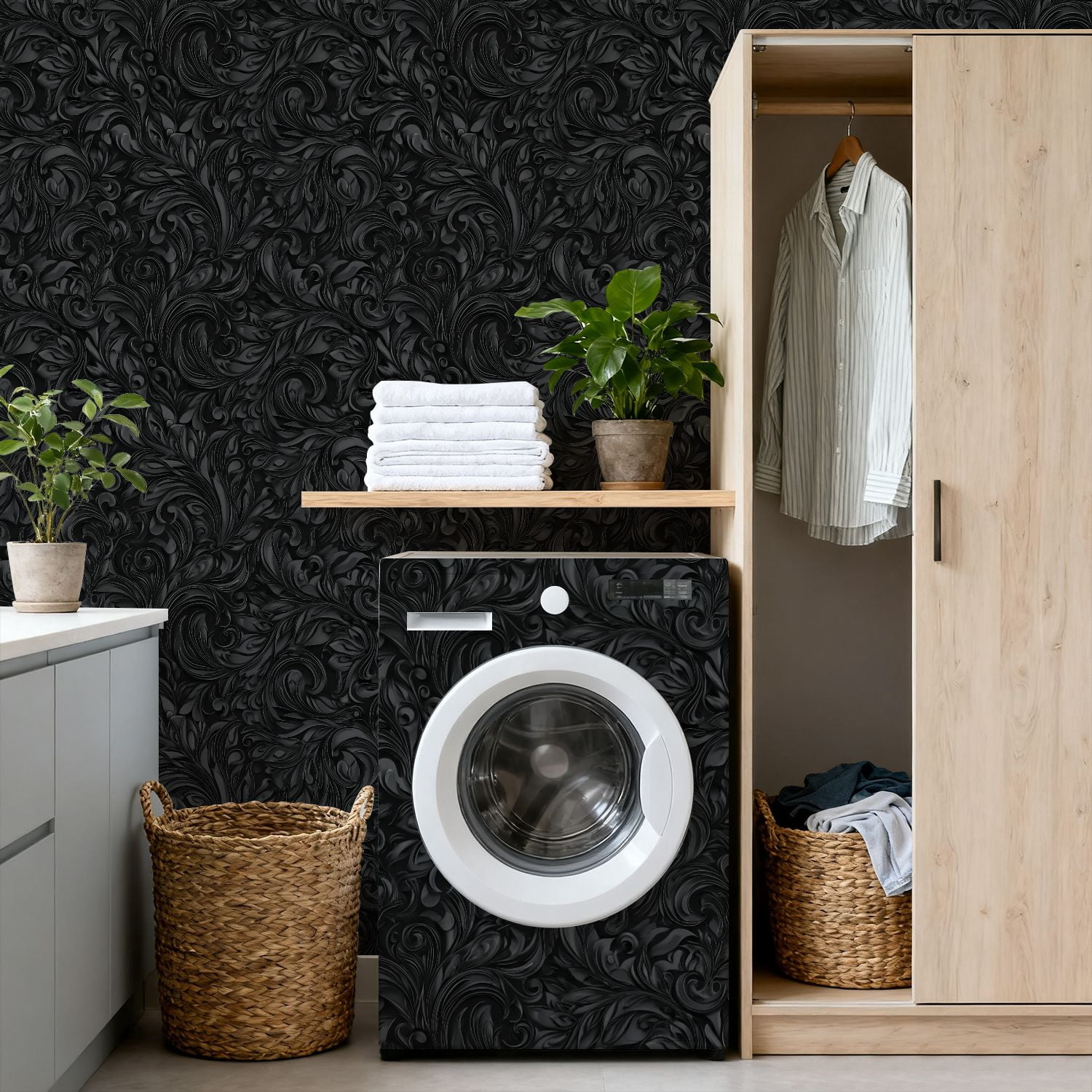 Peel and Stick Wallpaper Black Gray Floral Embossed Swirling Curves Intricate Wall Mural 17.7in x 9.8ft Self Adhesive Removable Wall Paper Renter Friendly Wallpaper for Nursery Bedroom Cabinets