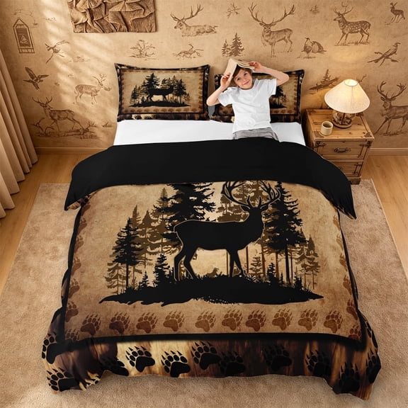 meiyoeat Vintage Deer Silhouette Duvet Cover Queen, Rustic Paw Print Queen Bedding For Boys Kids,Black Reversible,3pcs(No Comforter)
