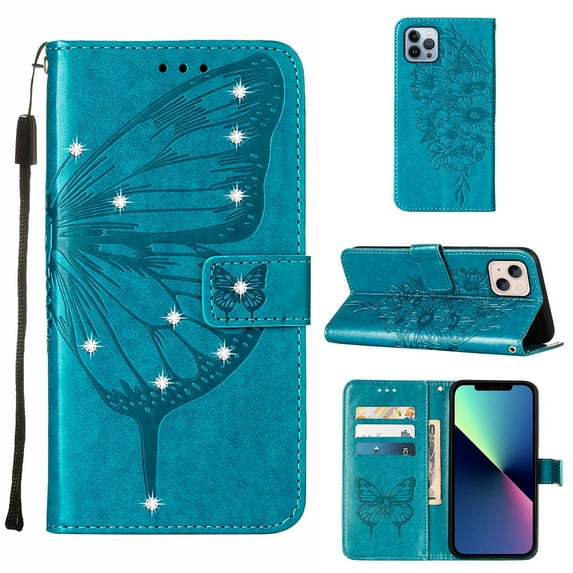 TECH CIRCLE for iPhone 14 Plus Case Butterfly Pattern Leather Wallet Case Cute Women Diamond Bling Cover with Card Slot Wrist Strap Kickstand Folio Flip Protective Case, Blue