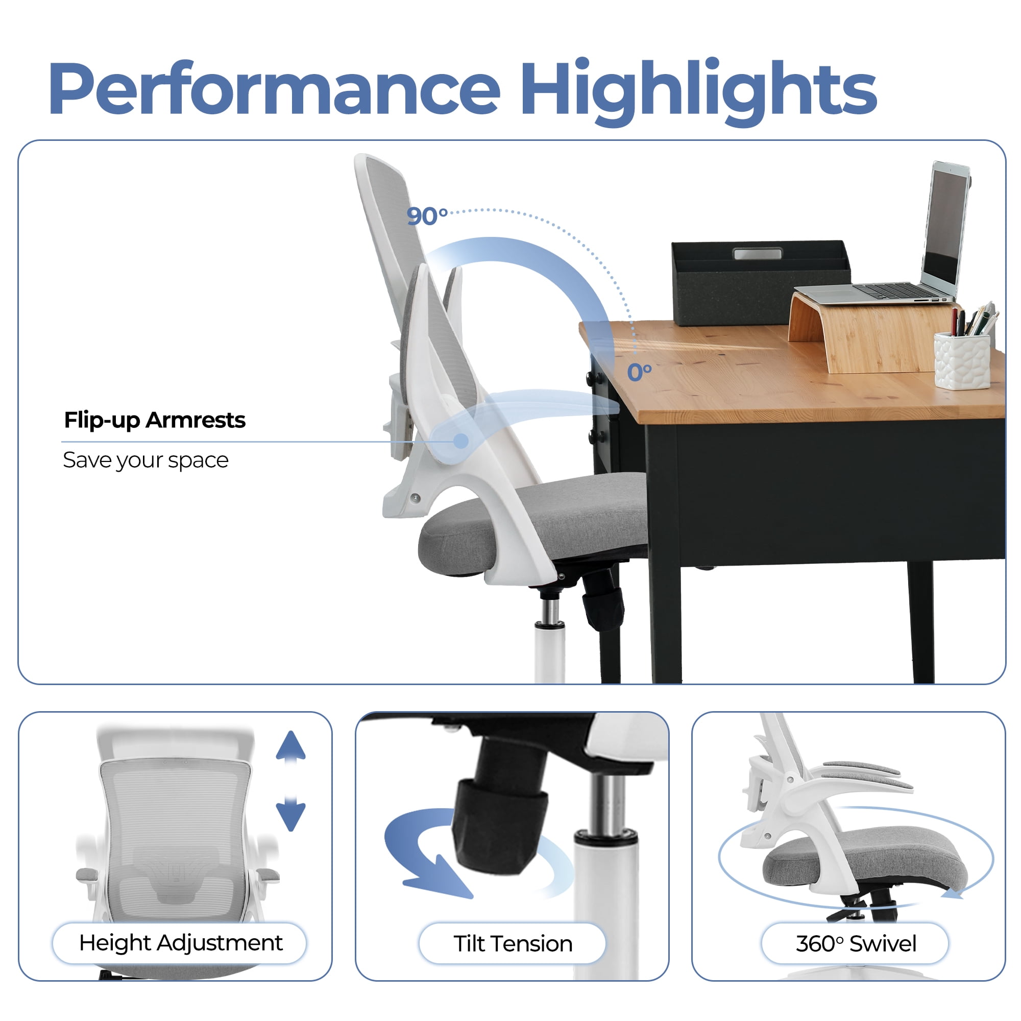 CELTOSS Ergonomic Office Chair, Wide Seat with Flip-Up Armrests, Lumbar Support, Adjustable Height, Comfy Home Task Computer Chair, Gray